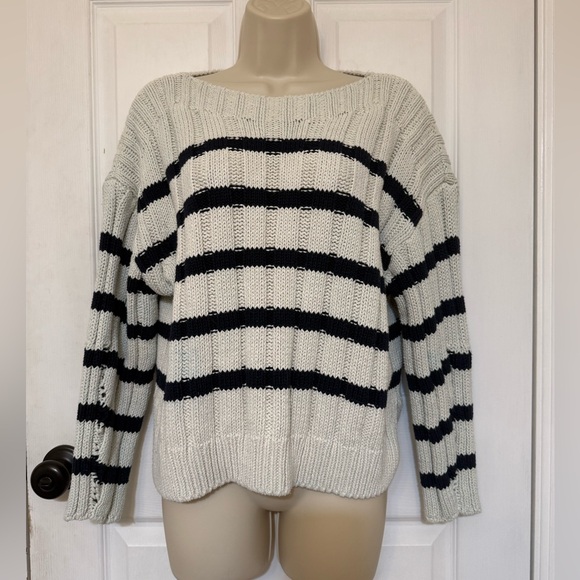 ZARA Chunky Ribbed Stripe Sweater Cream Black Relaxed Knit S - Picture 2 of 9